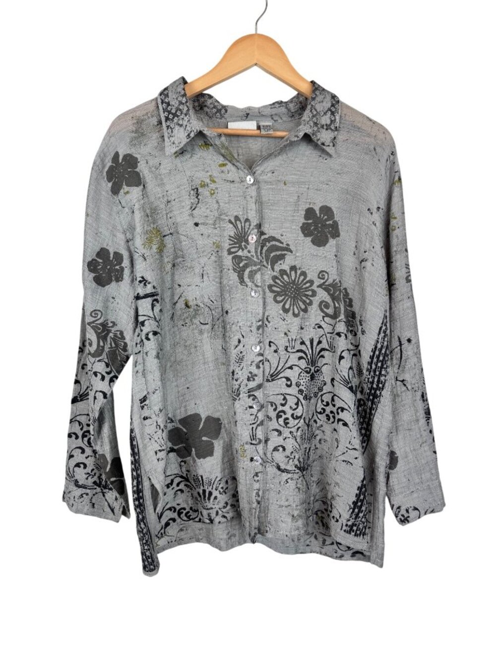 Chico's Floral Gray Button-Up Shirt Size 3 XL Rayon Linen Blend Artsy Boho